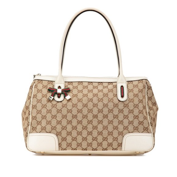 Gucci GG Canvas Princess Sherry Line Ribbon Handbag Tote Bag 177052 White Brown - Picture 1 of 10